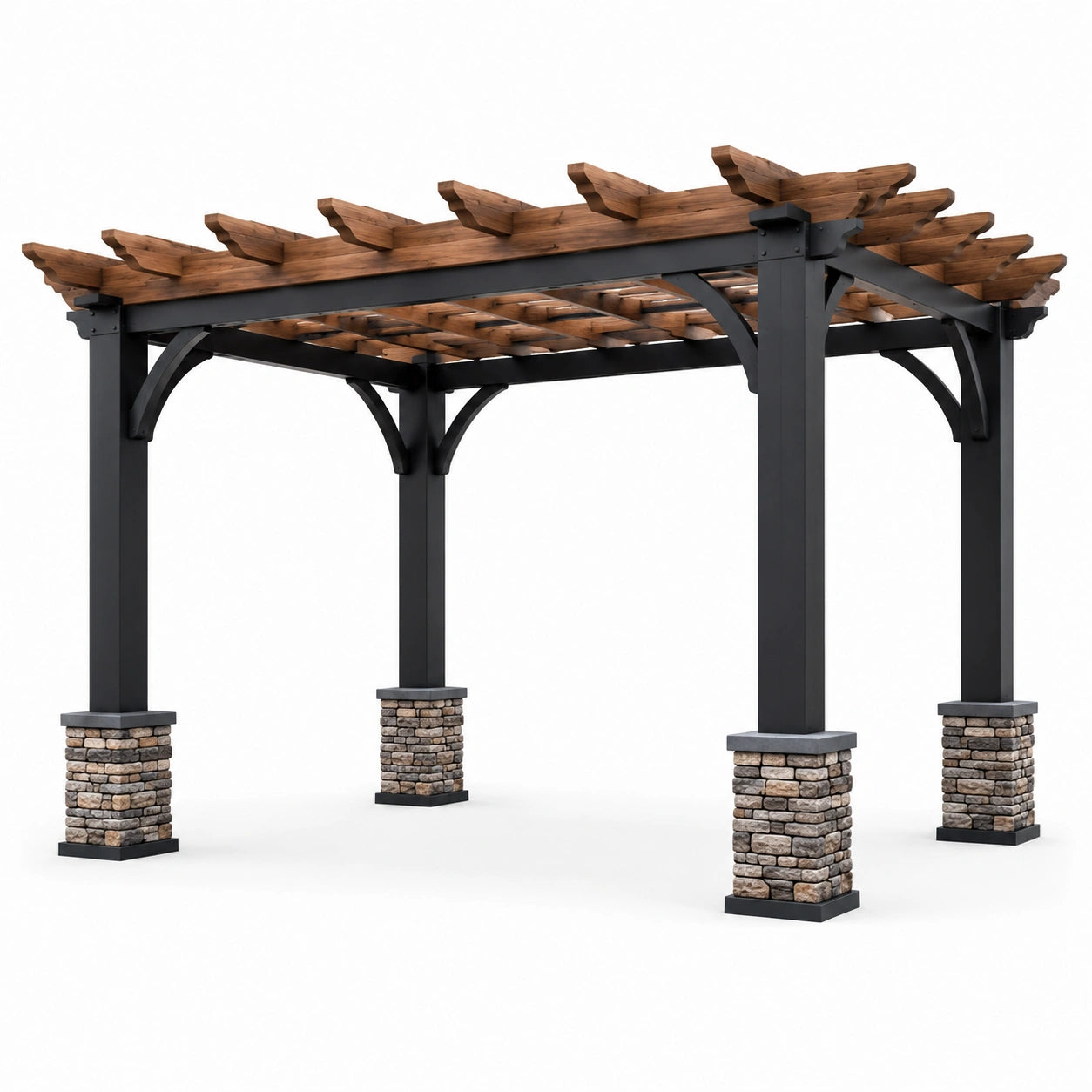 Pergola in Metallo e Legno con Rivestimento in Pietra 350x350x250 cm Naturale/Nero