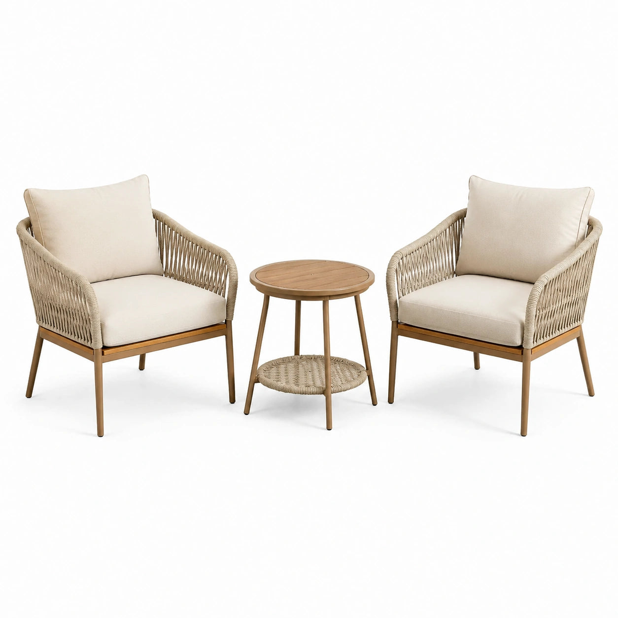 Set da giardino in legno con poltrone in corda e tavolino rotondo beige