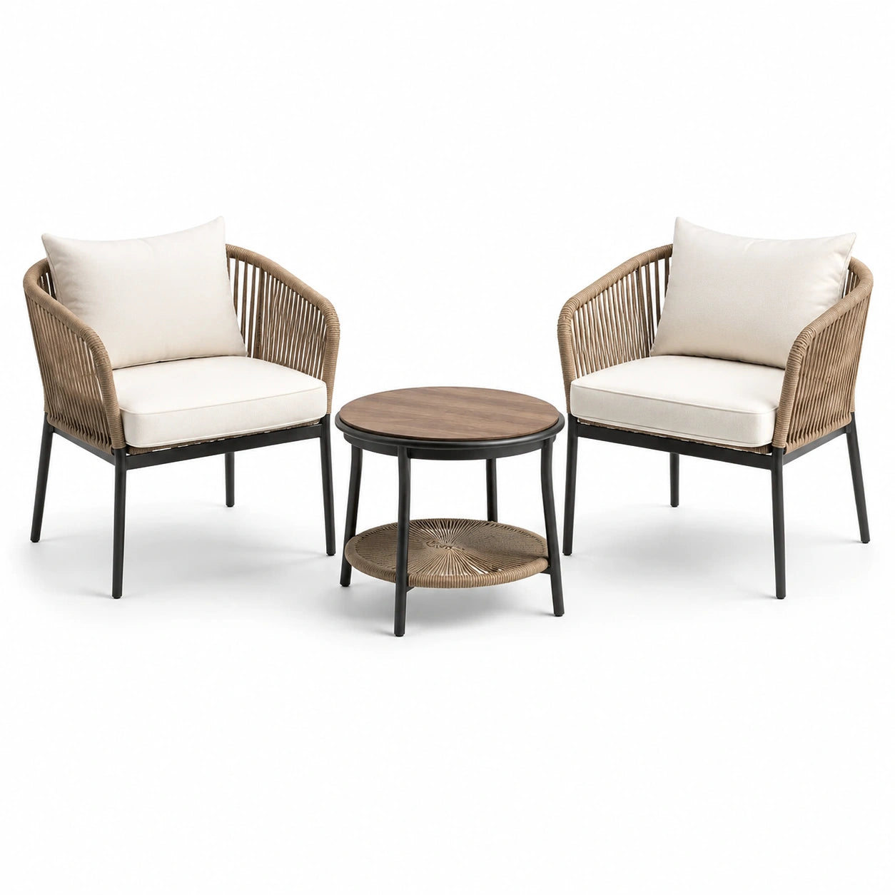 Set bistrot da esterno in rattan sintetico e metallo con tavolo rotondo e 2 poltrone, cuscini beige