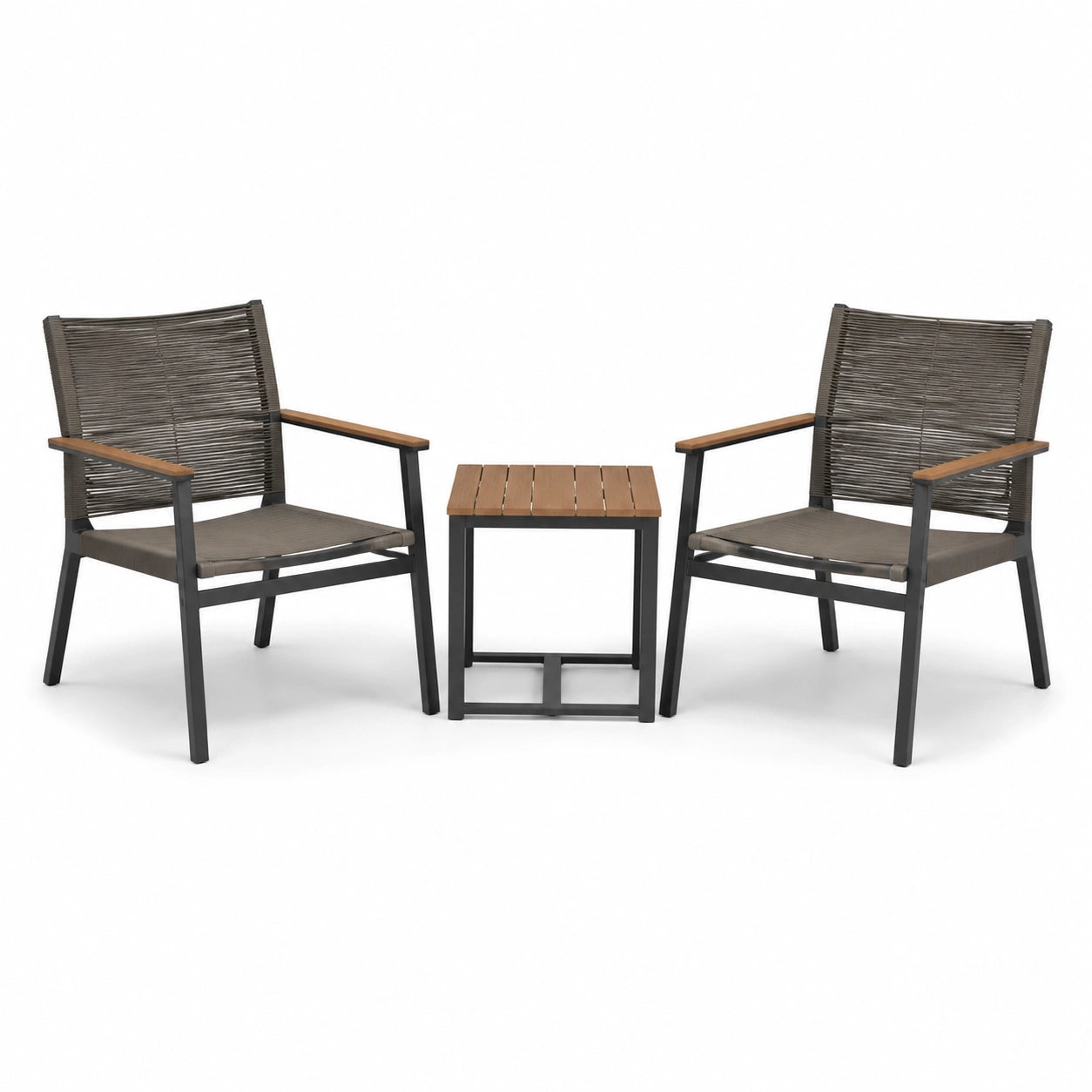 Set da giardino 3 pezzi in metallo e legno con sedie e tavolino