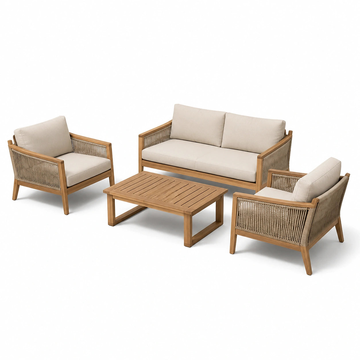 Set salotto da esterno in legno di teak con rivestimento in corda e cuscini in poliestere beige