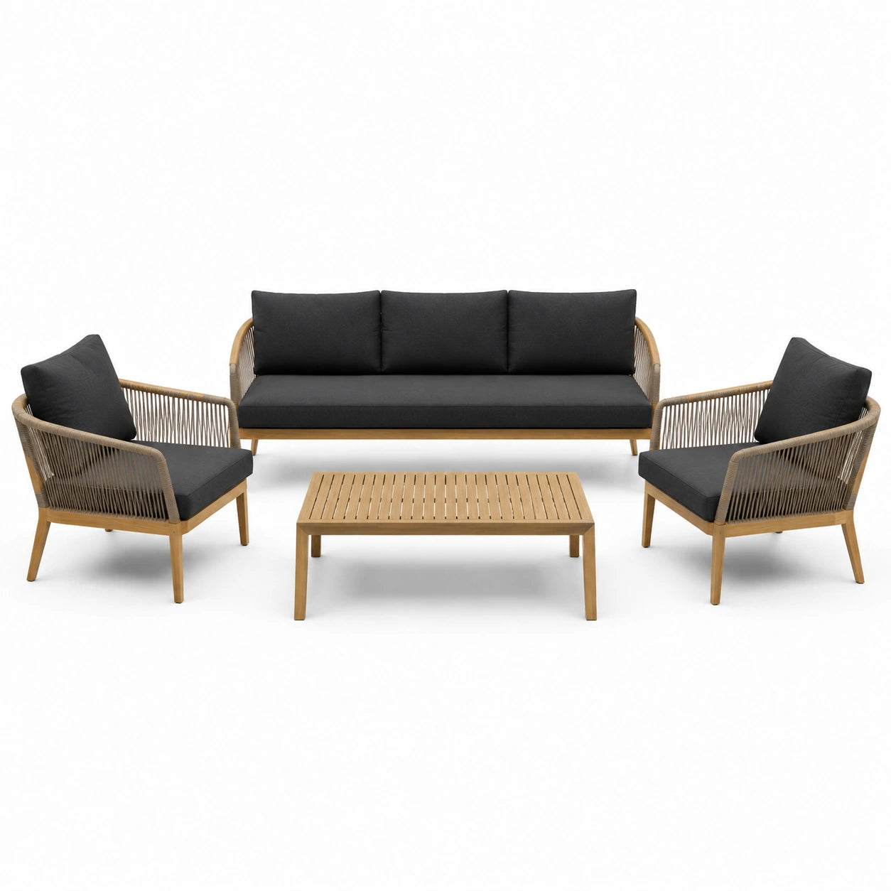 Set da giardino in legno di teak e corda con cuscini grigio scuro