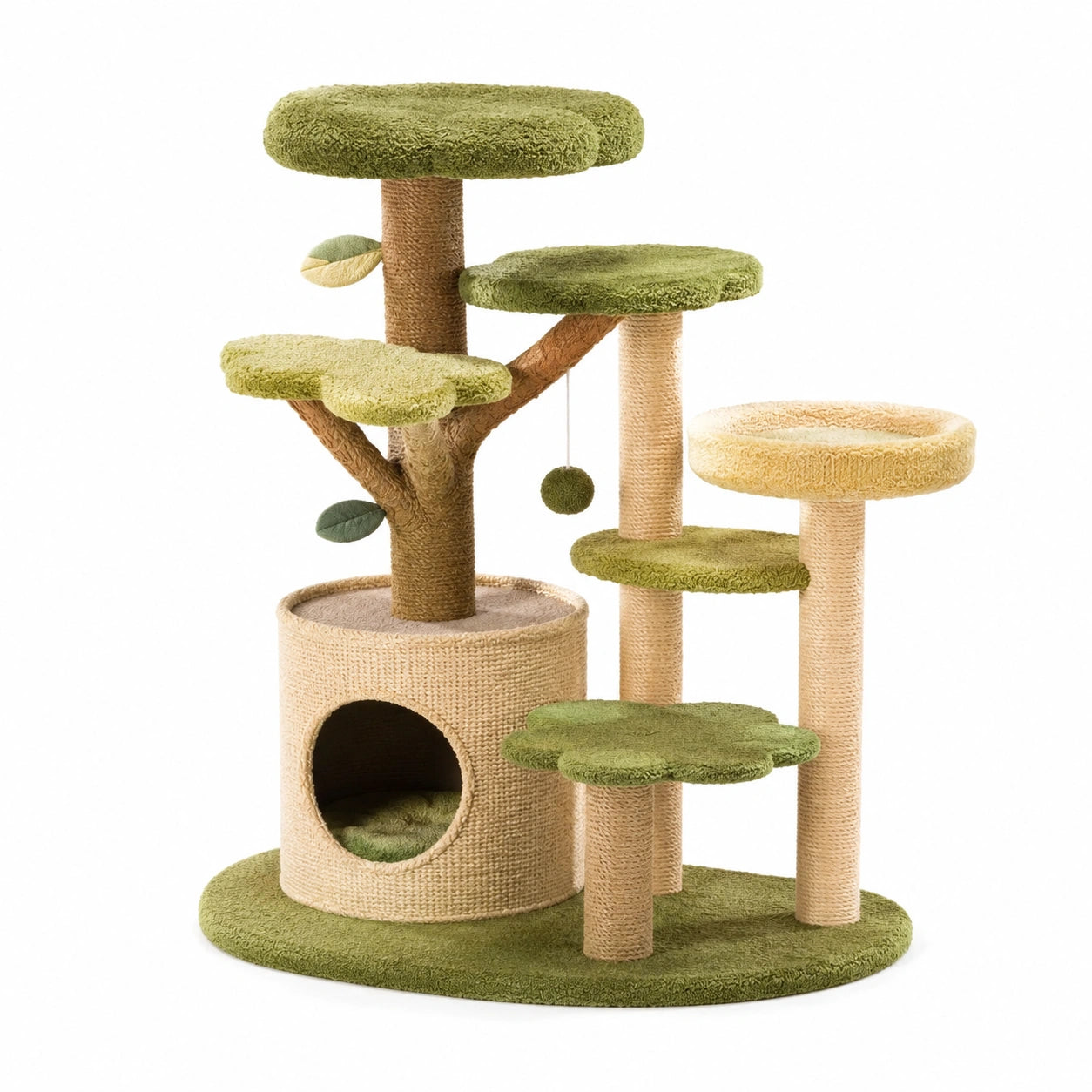 Albero tiragraffi per gatti in sisal e tessuto verde/beige con piattaforme