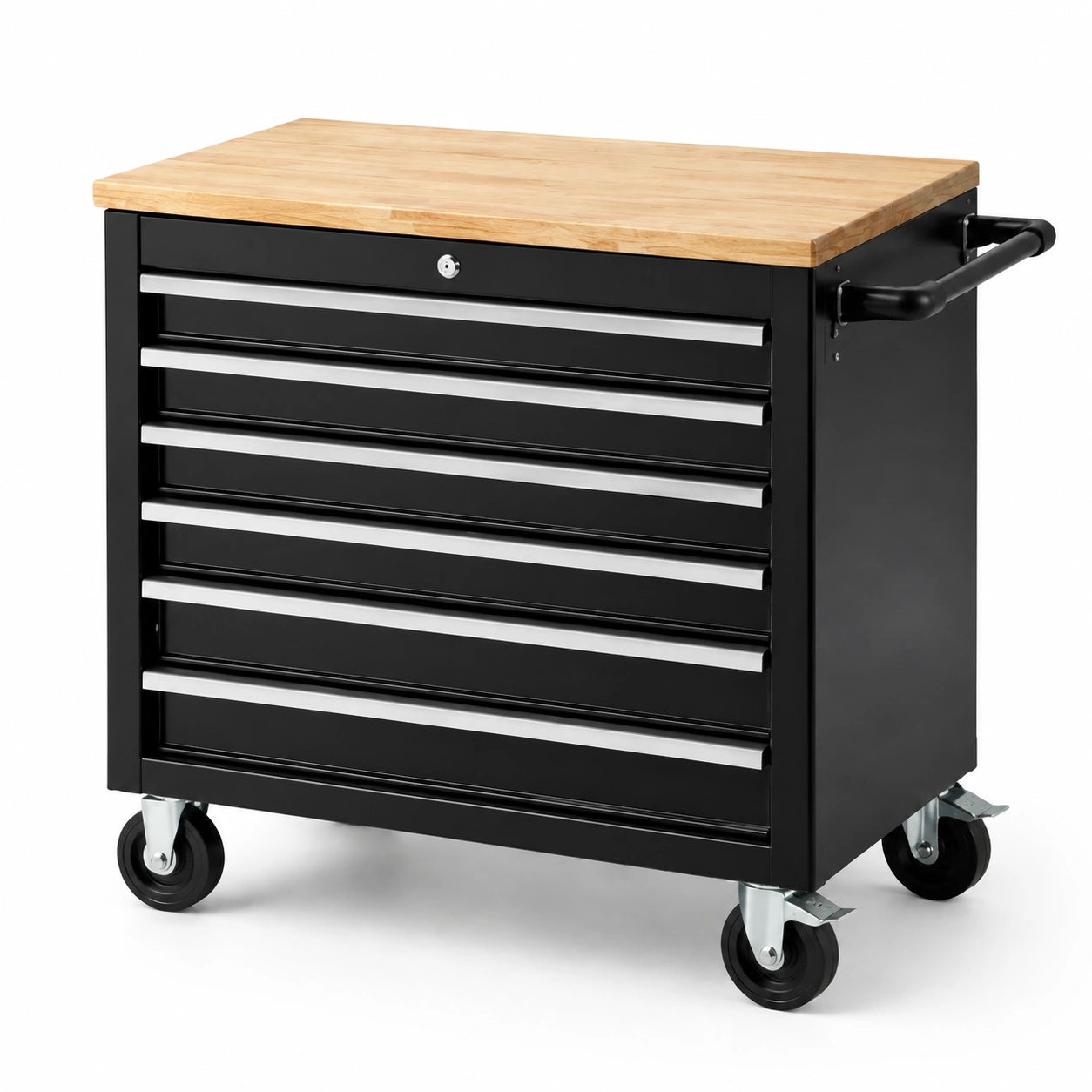 Carrello portautensili in metallo nero con piano in legno 7 cassetti