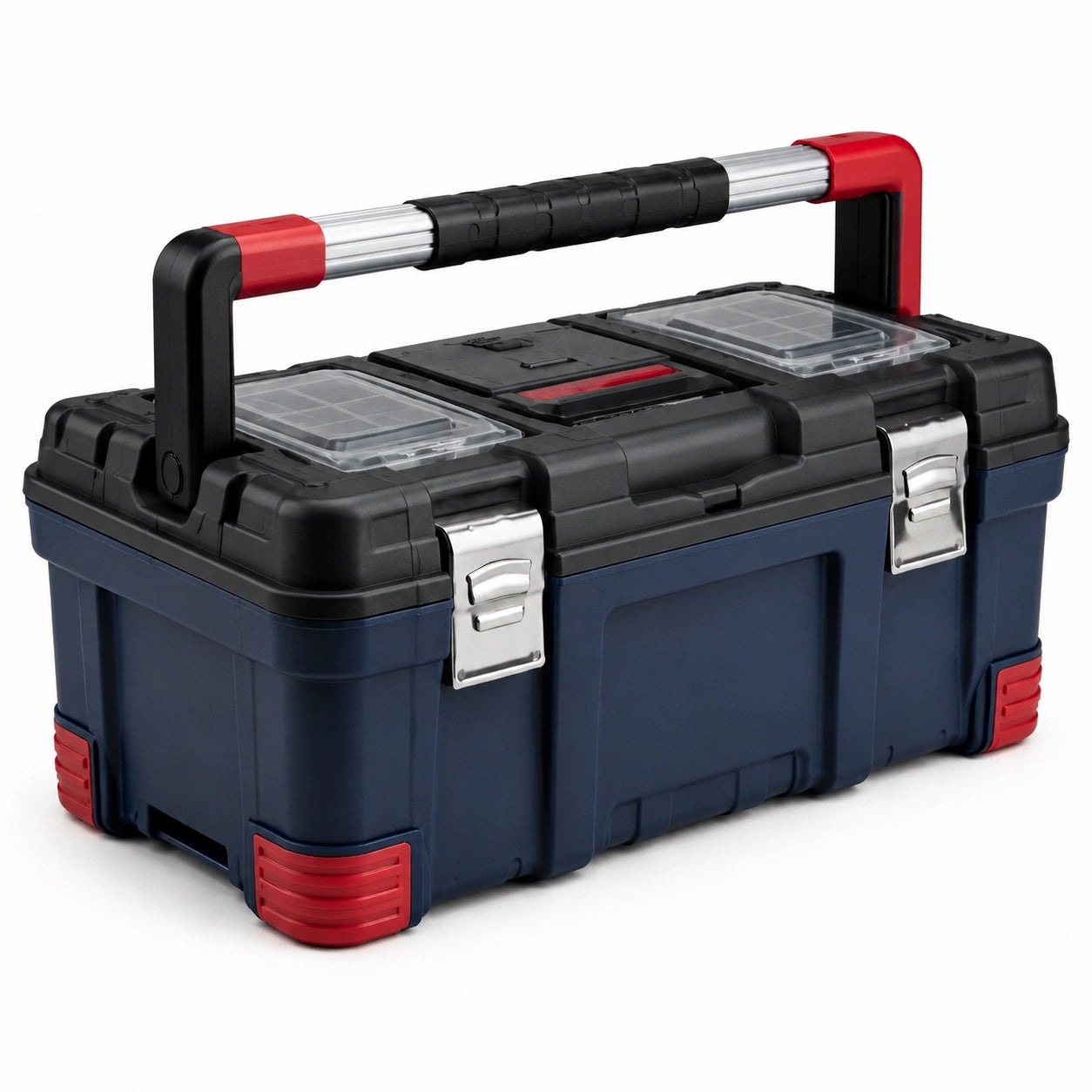 Cassetta degli attrezzi portatile in plastica blu e rossa con manico estensibile