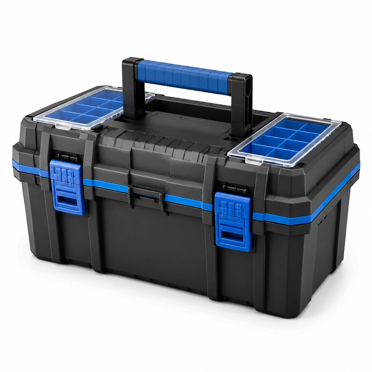 Cassetta degli attrezzi in plastica nera e blu con organizer