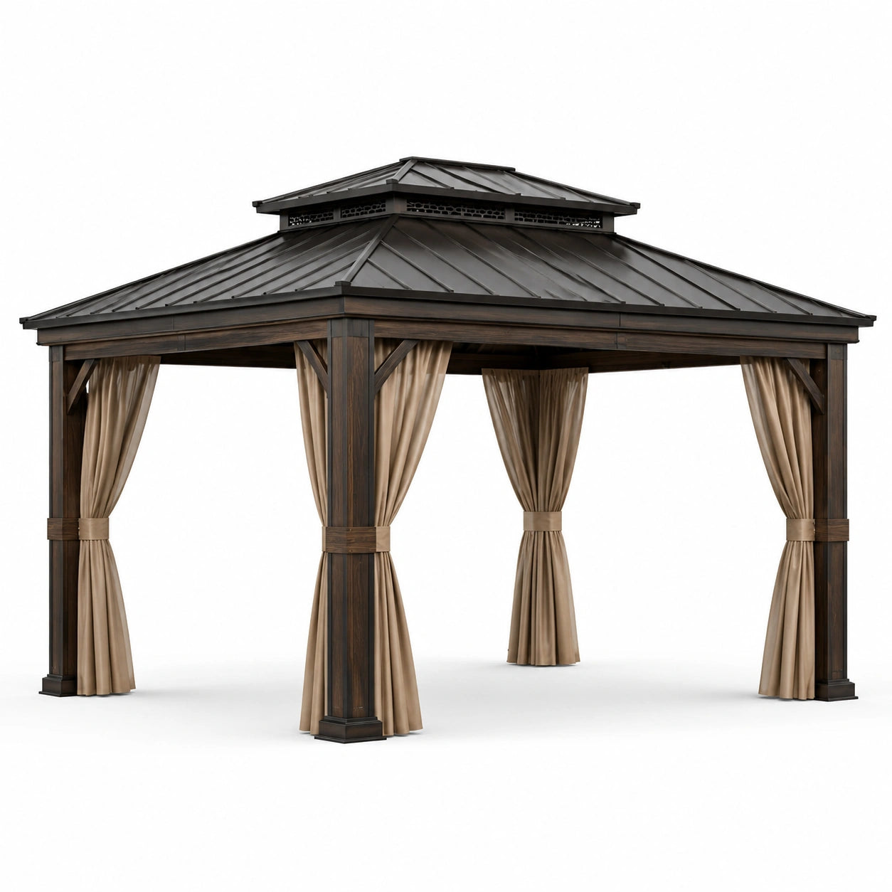 Gazebo in legno con tende in poliestere 3x3m