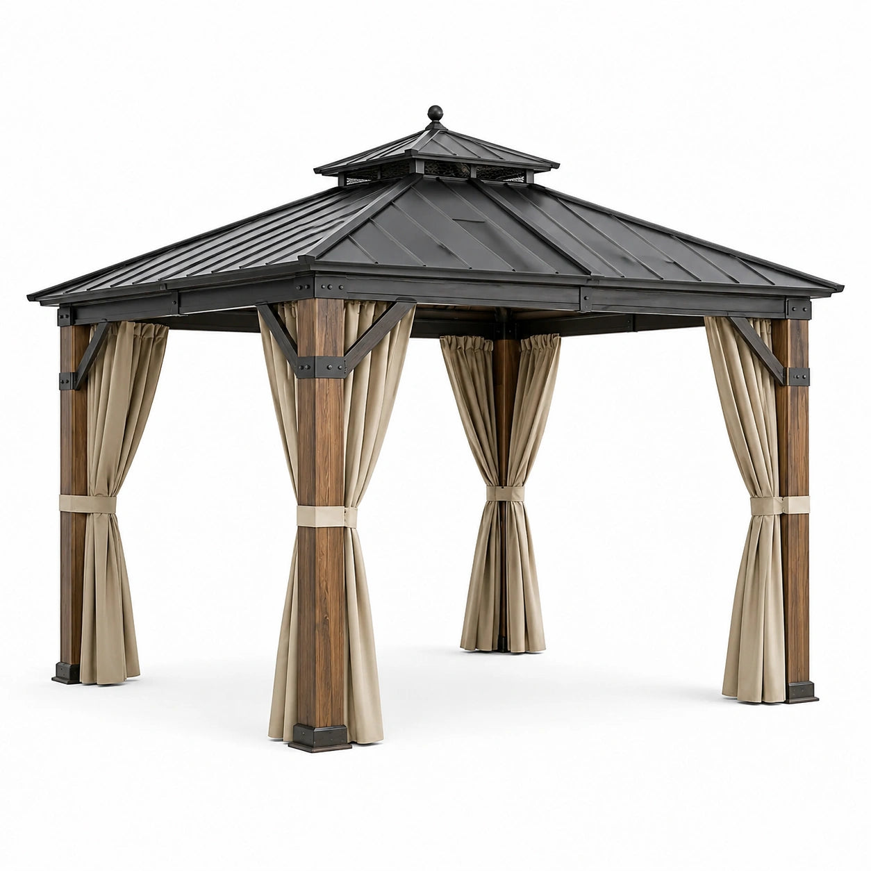 Gazebo da Giardino in Metallo Nero con Tende in Poliestere Beige