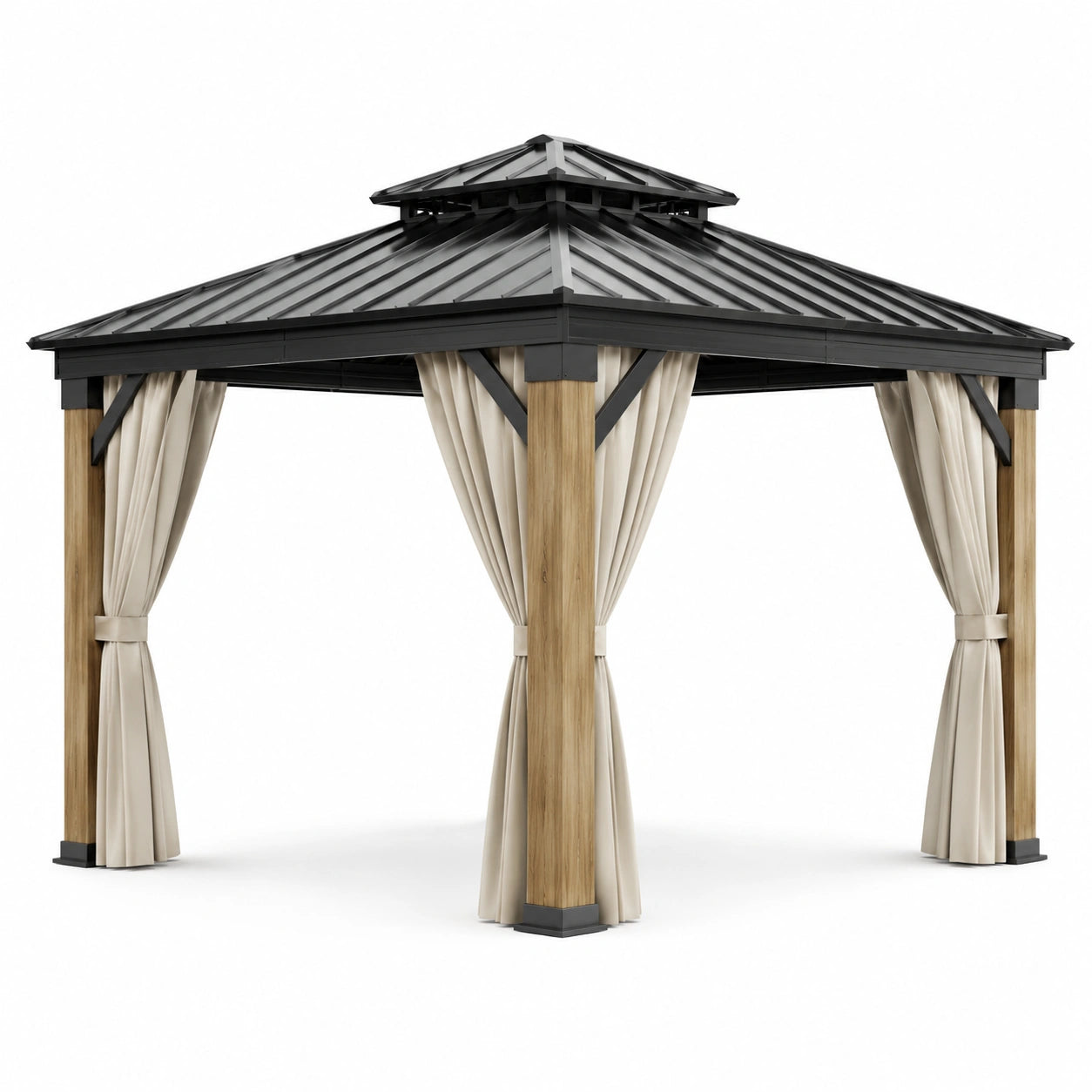 Gazebo in Alluminio, Legno e Acciaio con Tende in Poliestere Sabbia 3x3m