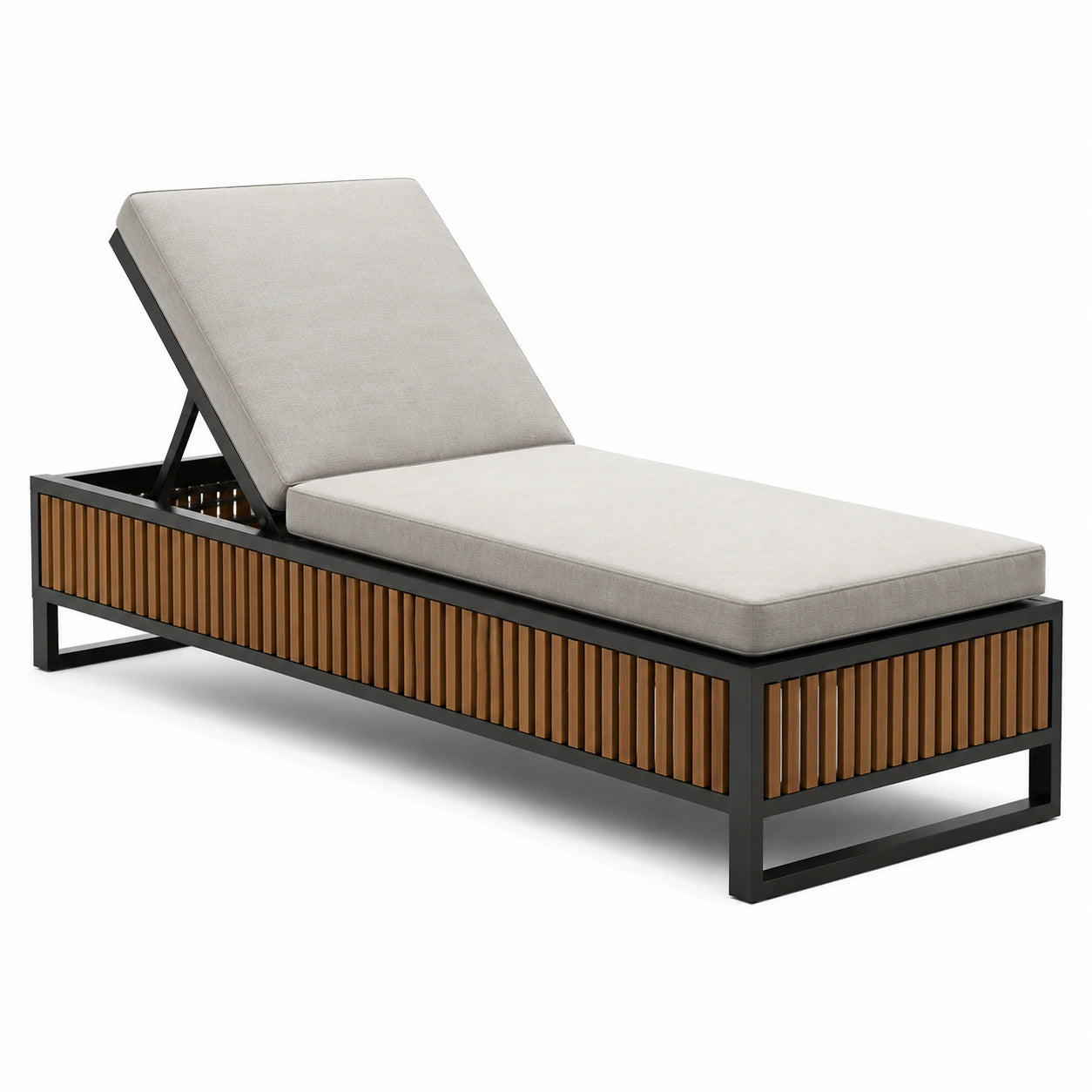 Lettino prendisole in alluminio e legno con cuscino in tessuto beige, 200x70x35 cm