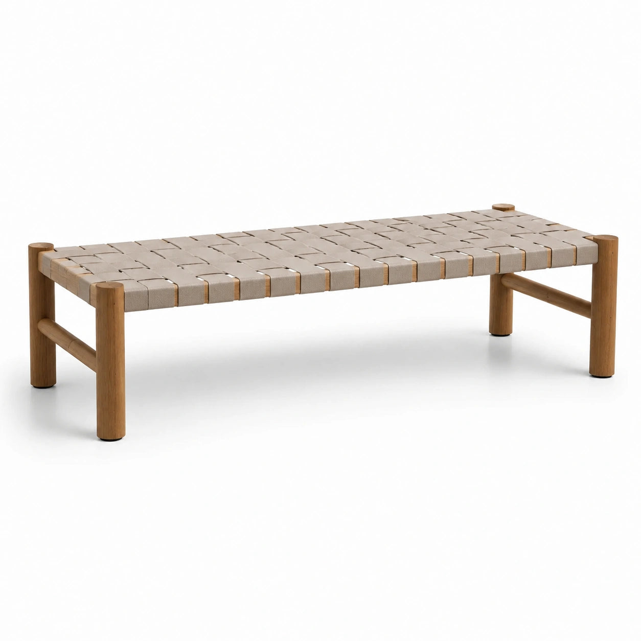 Panca in legno con seduta intrecciata in polipropilene beige